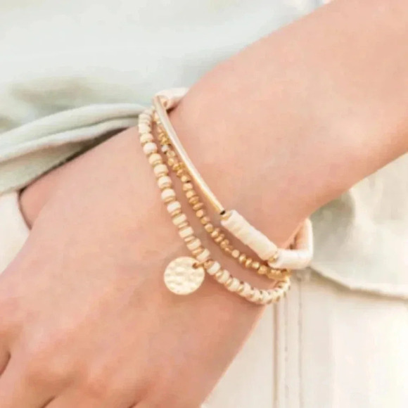 New Gold Beaded Disc White Stones Layered Cream Bracelet - Picture 1 of 1